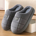Men's plaid rabbit hair slippers with toe holder design and grey artificial wool lining