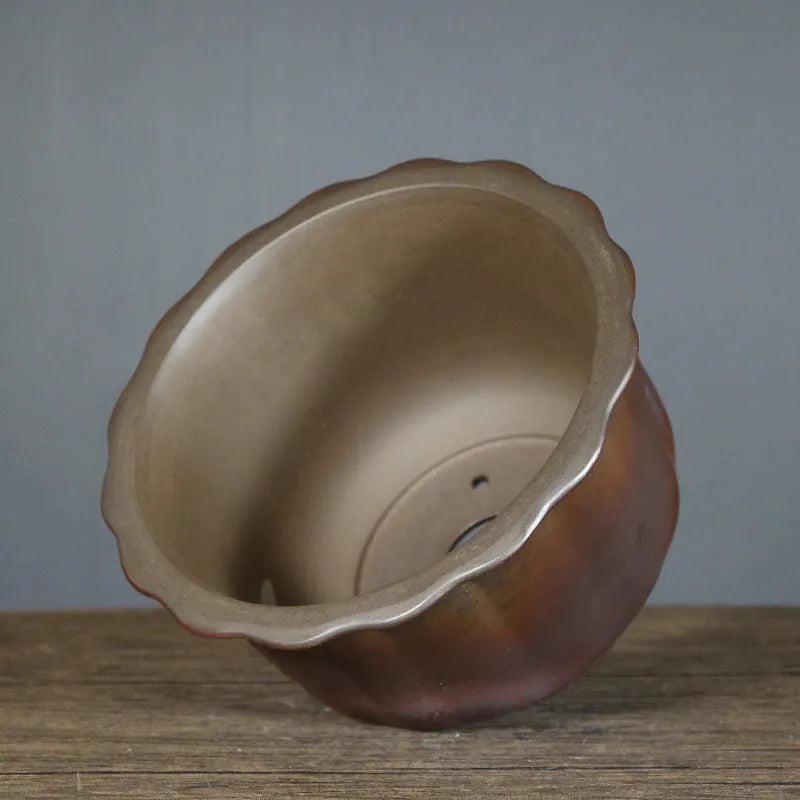 Classical carved ceramic bonsai pot in S1696 firewood brown with antique wood-burning finish