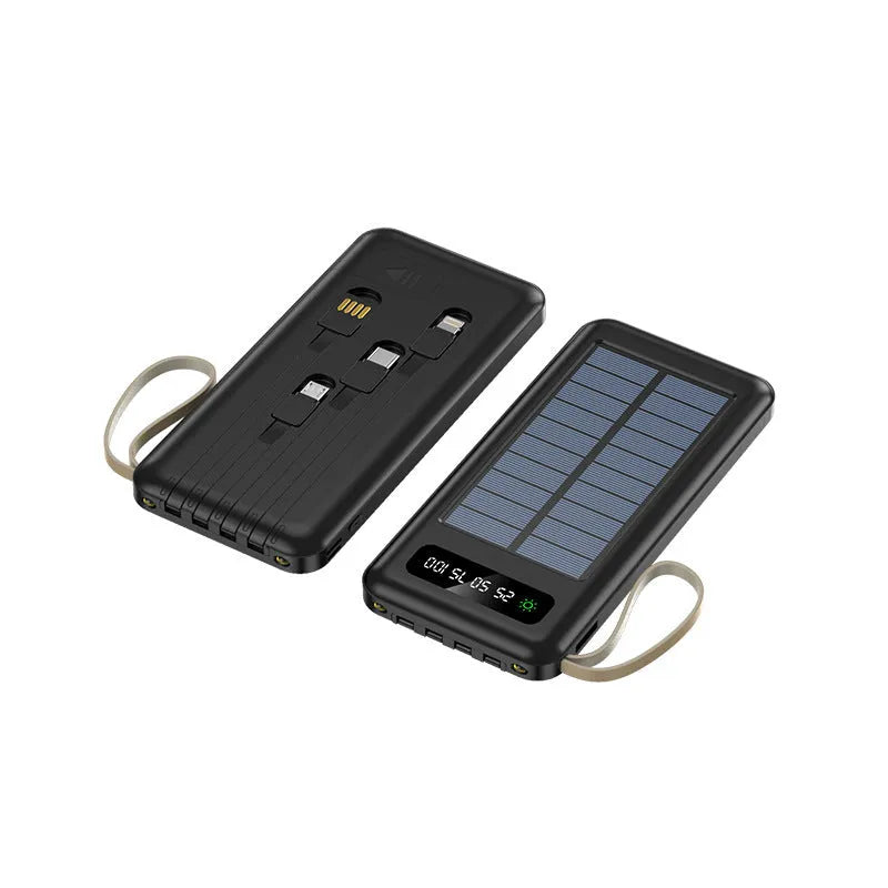 Solar power bank in black or white with polymer lithium-ion cells and solar charging panel