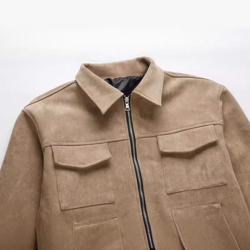 Thickened slim-fit zipper jacket coat in camel colour shown on a model, featuring big pockets.