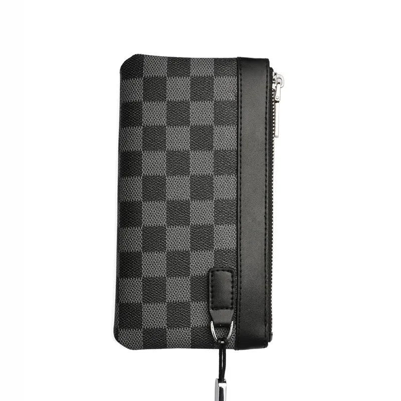 Men's black leather plaid clutch wallet showing front design and dimensions