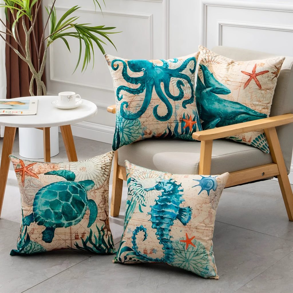 Sea turtle printed linen cushion cover 45x45cm with invisible zipper closure