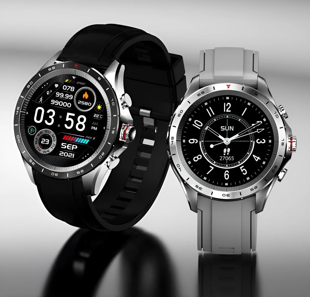 Men's black smart bracelet watch with zinc alloy screen and silicone wristband.