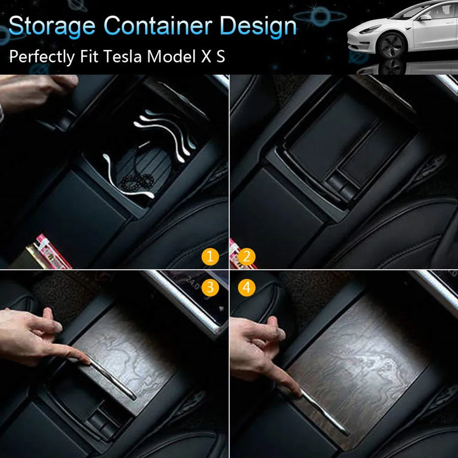 Black ABS plastic QI wireless charging dock and storage box with USB-C port.