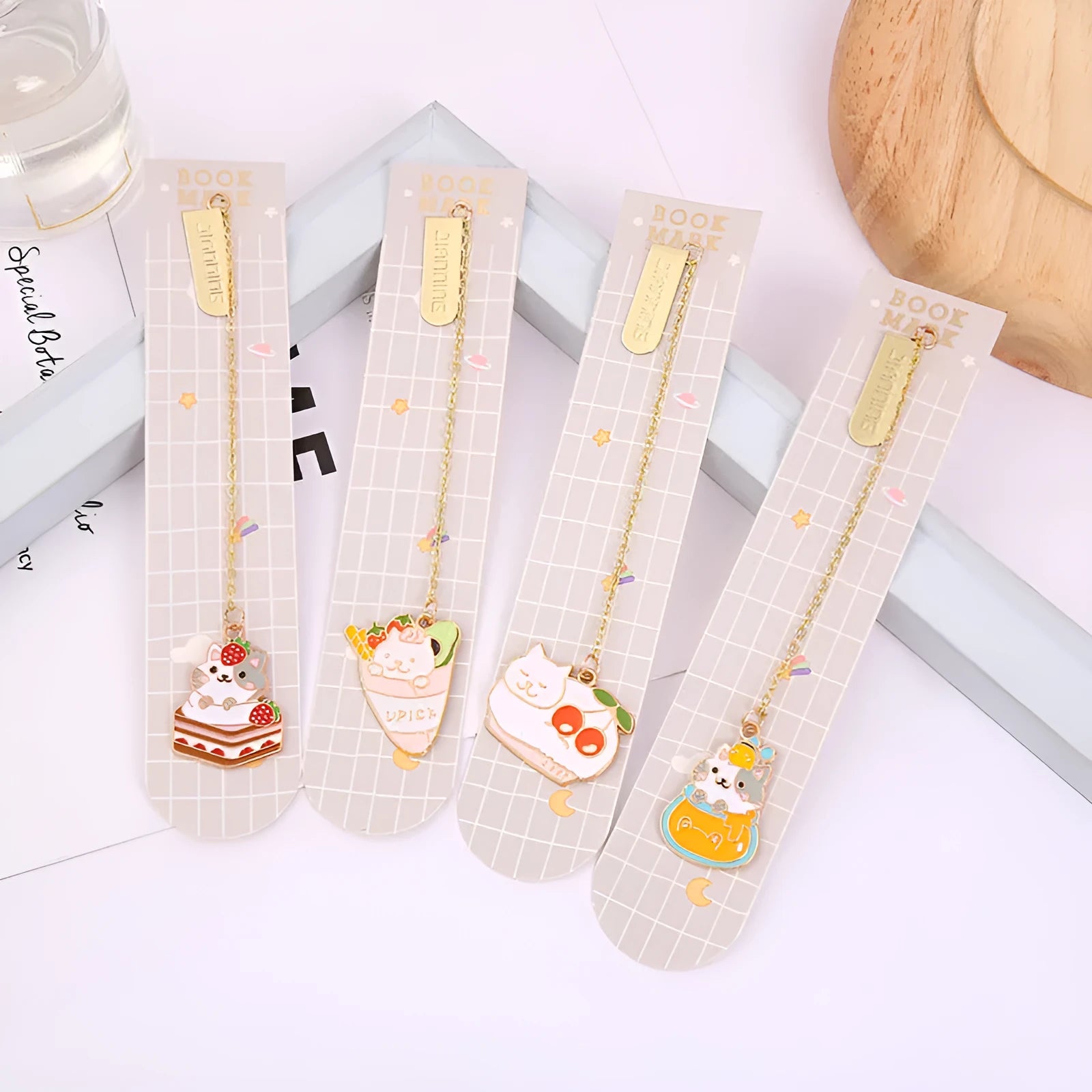 Jane Key Foodie Cat metal bookmark with cartoon cat design on laminated card.