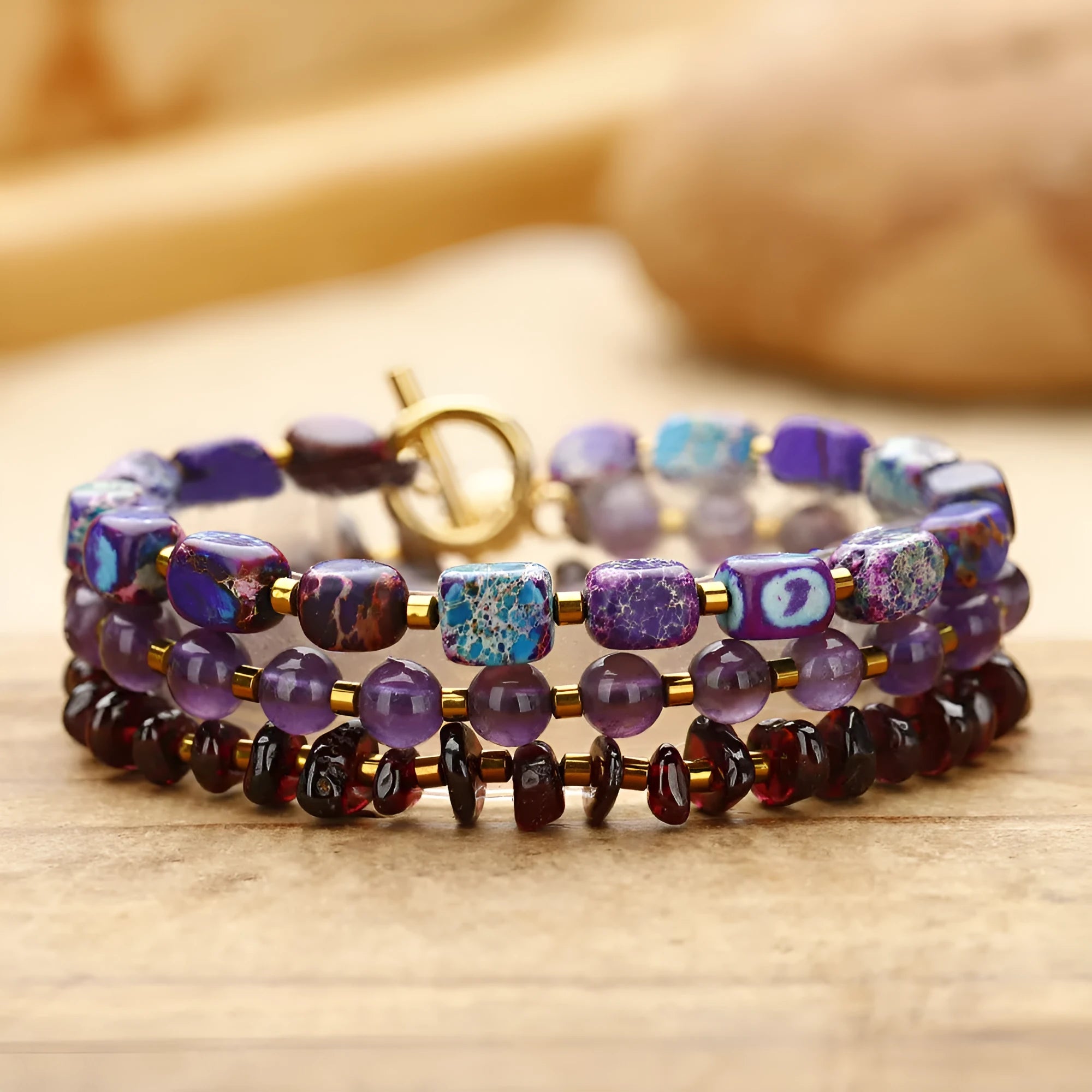 Purple amethyst round bead bracelet with geometric garnet accents, handmade stone jewellery