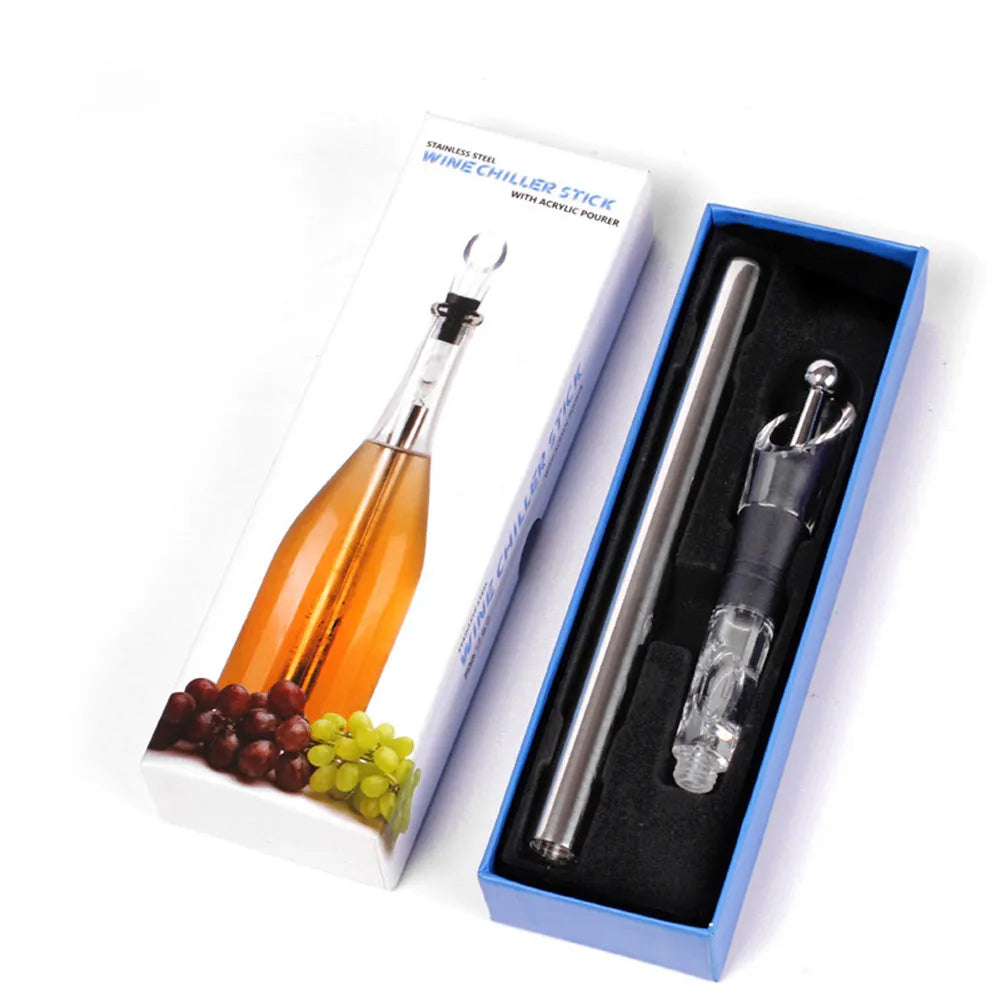 Stainless steel wine chilling rod with acrylic pourer, shown next to a wine bottle.