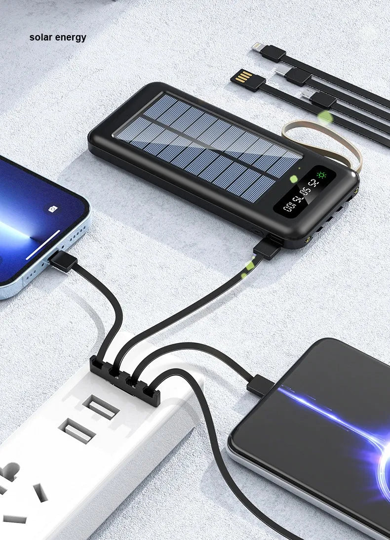 Solar power bank in black or white with polymer lithium-ion cells and solar charging panel