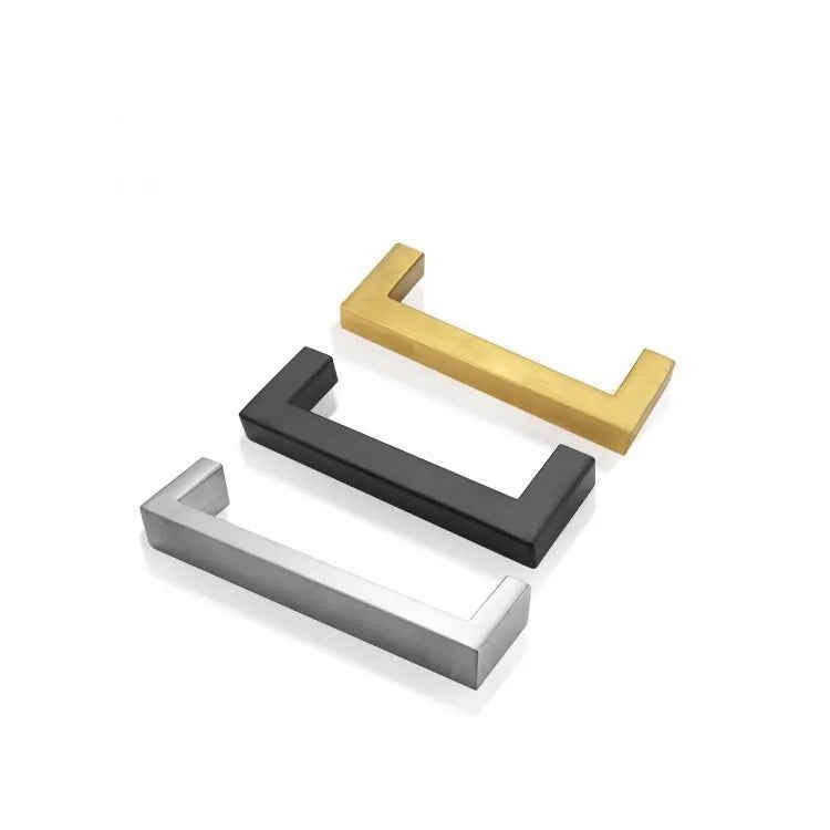 Stainless steel square pipe drawer handle with wire drawing finish in silver, black, or gold