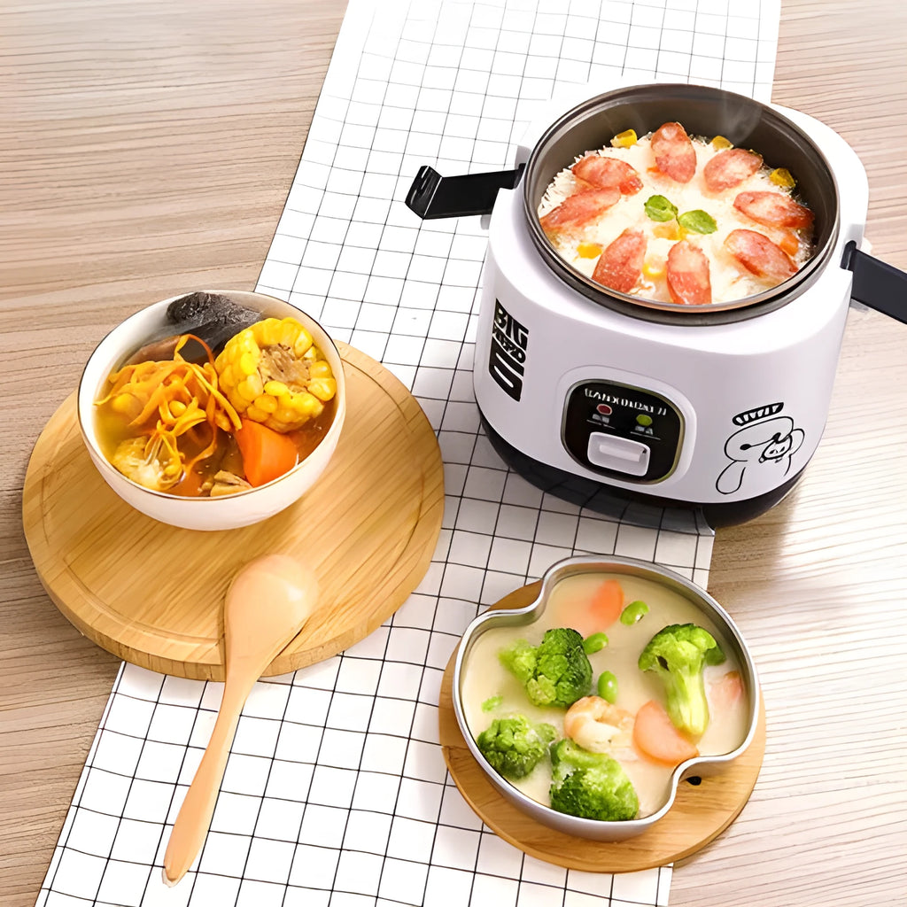 Compact round blue mini rice cooker with steaming pan for 1-2 person meals