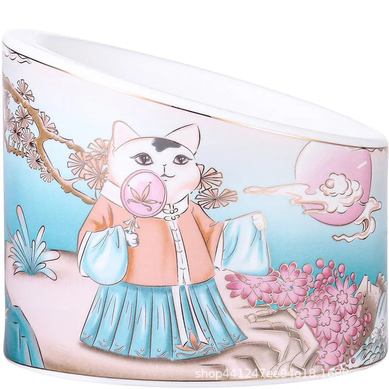 Chinese style ceramic cat bowl with high legs and double oblique mouth compartments