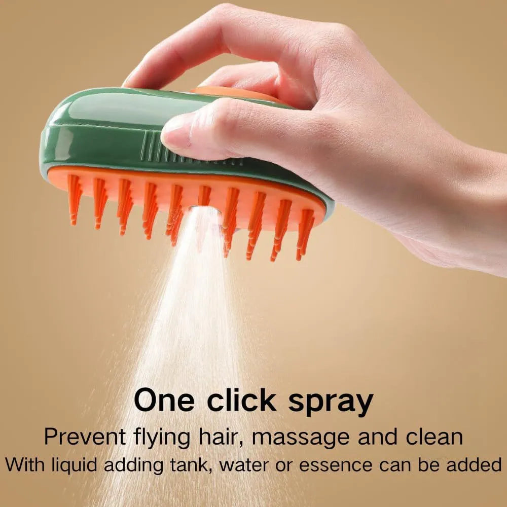 Green and white cat steam brush with water spray function and silicone teeth for pet grooming