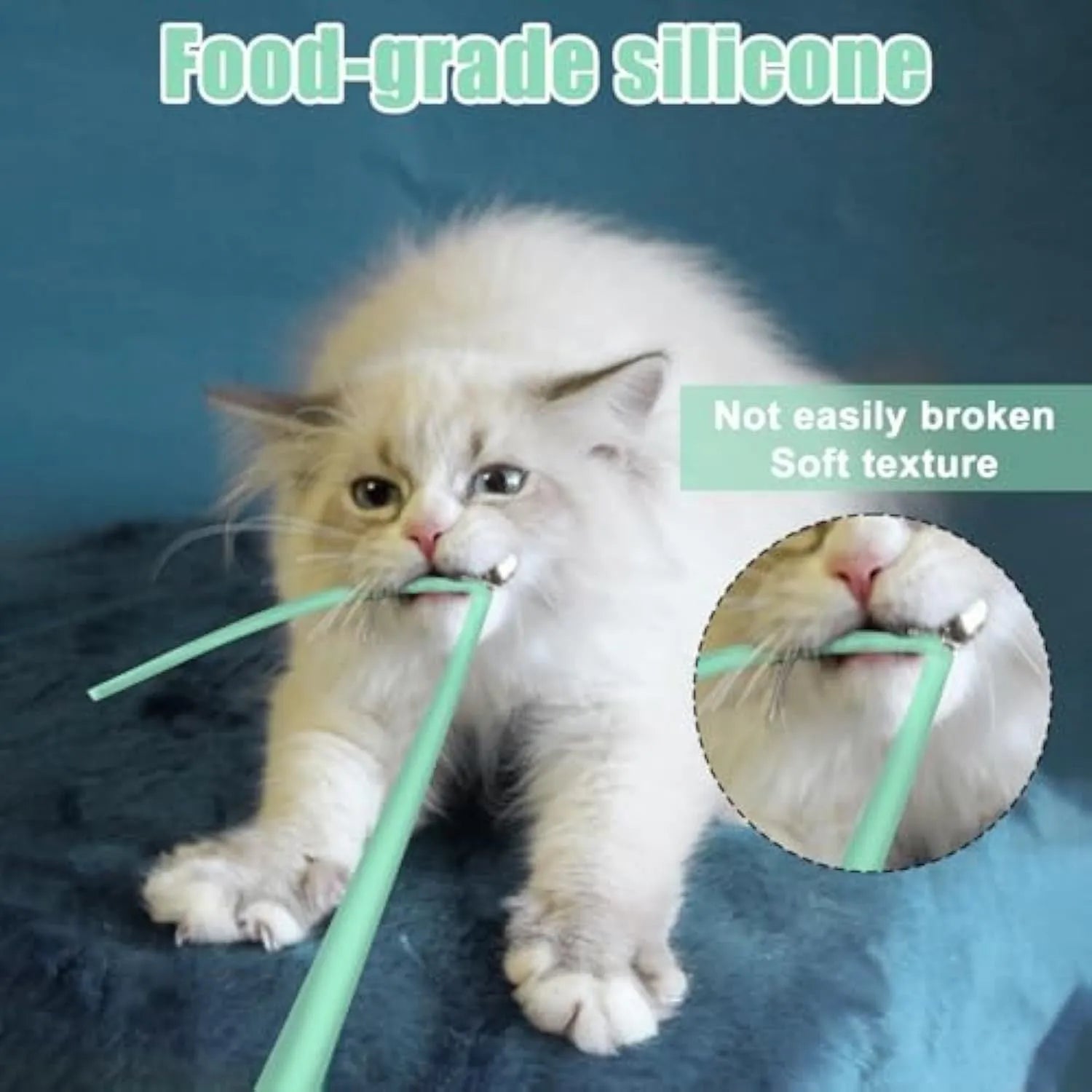 Automatic electronic cat wand toy with swinging silicone tails on green background