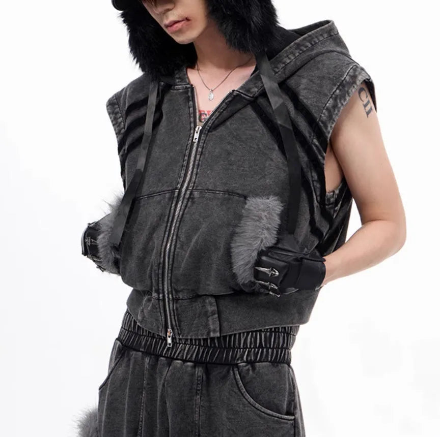 Yellow Korean streetwear set showing a hooded sleeveless vest and matching trousers on a hanger.