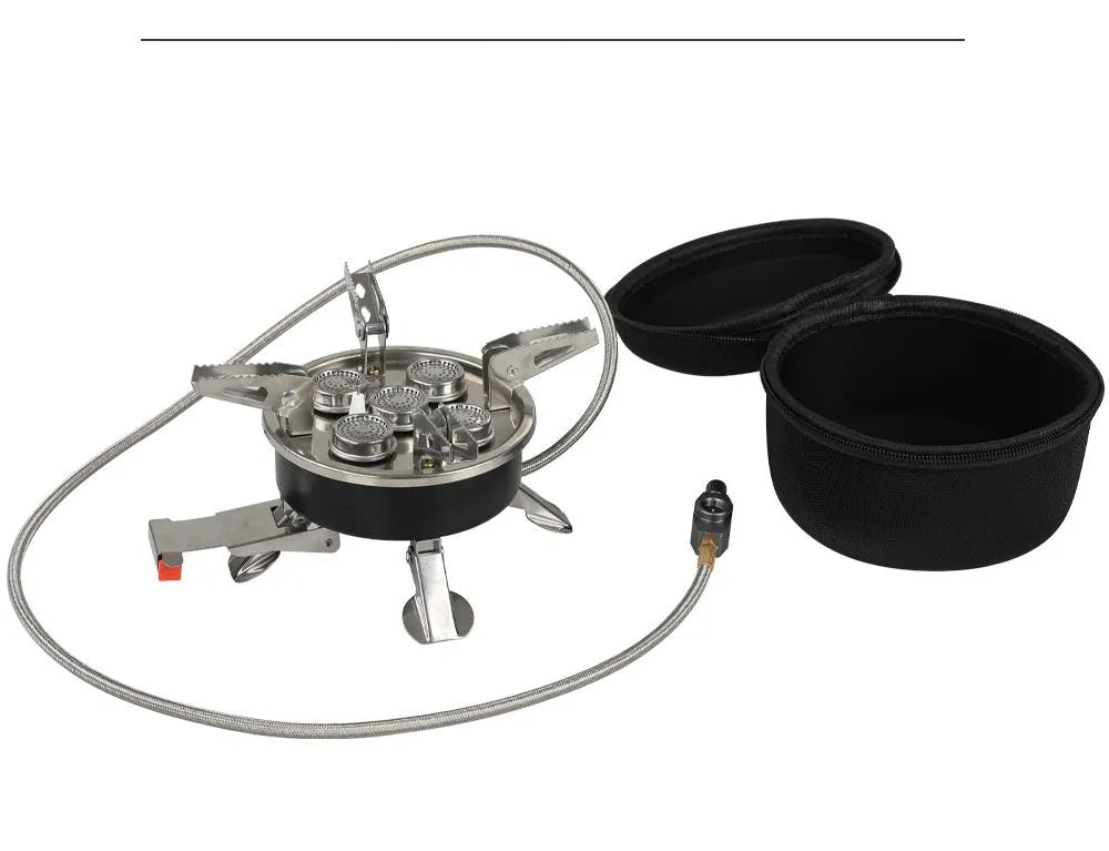Silver portable split stove with stainless steel construction folded for transport