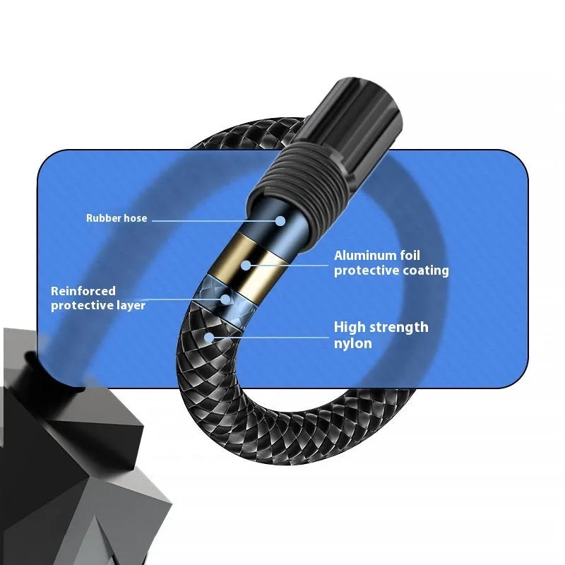 Black portable car tyre inflator with digital display and 12V connection cable