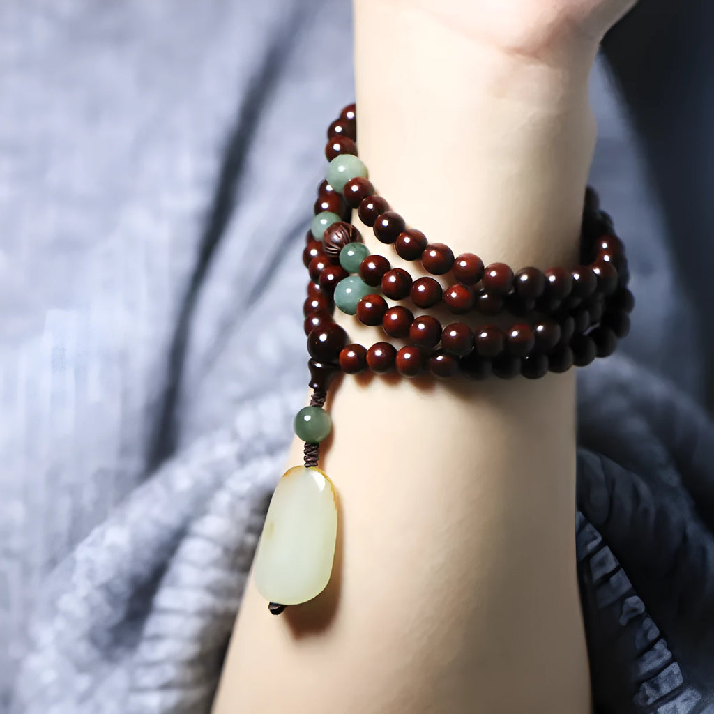 Rosewood bracelet with 108 beads and carved Hotian Jade pendant in national style design