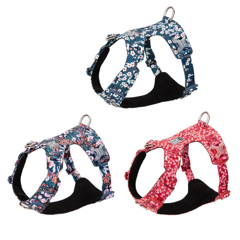Floral pattern pure cotton dog chest strap harness in red, blue, or green colours