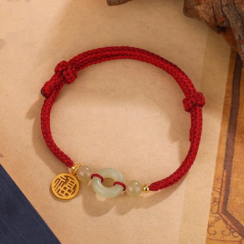 Silver geometric pendant bracelet with Hetian jade peace buckle blessing card design in black or wine red colour
