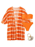 Women's nylon colour block three piece swimsuit set in orange with cardigan