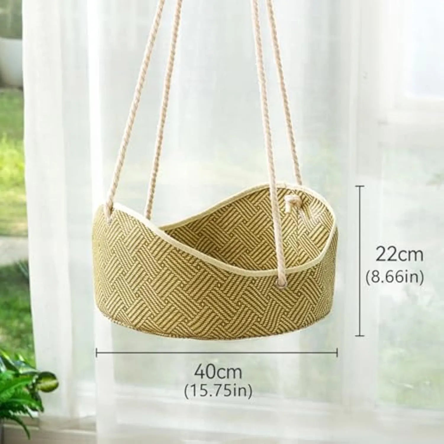 Green rattan cat hammock with bamboo frame and metal hooks, 40cm by 20cm pet bed