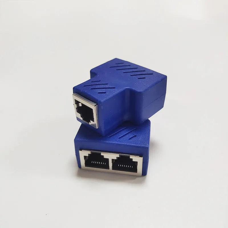 RJ45 network cable splitter tee adapter showing one male plug and two female ports in black plastic housing.