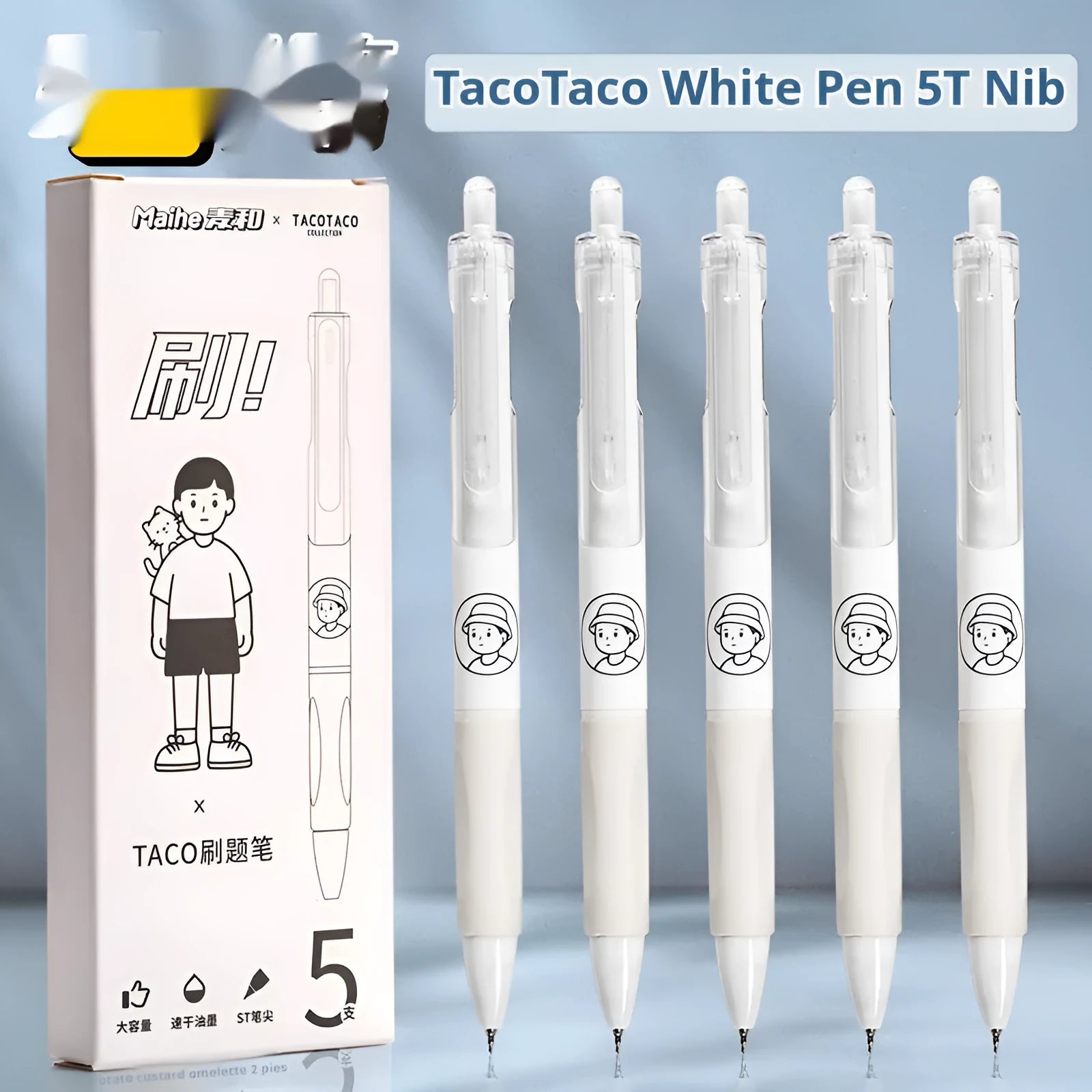 Five black Taco ballpoint pens with 0.5mm tips arranged together