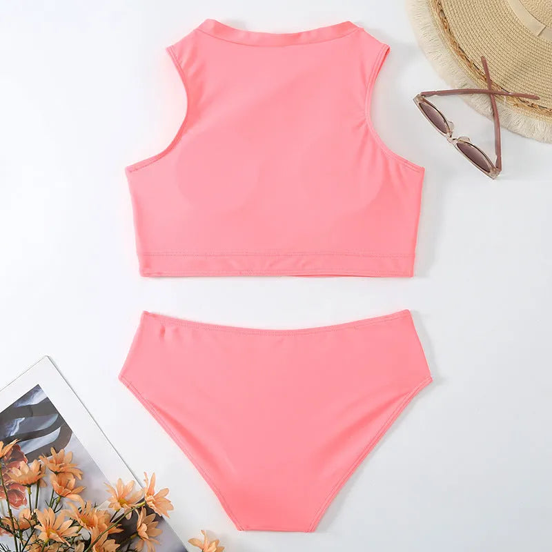 Pink high waist split bikini swimsuit with ammonia mesh lining and nylon fabric construction