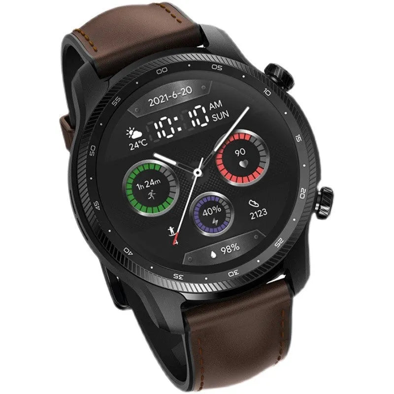 Ticwatch Pro X 47mm smartwatch with round display showing fitness metrics and call interface