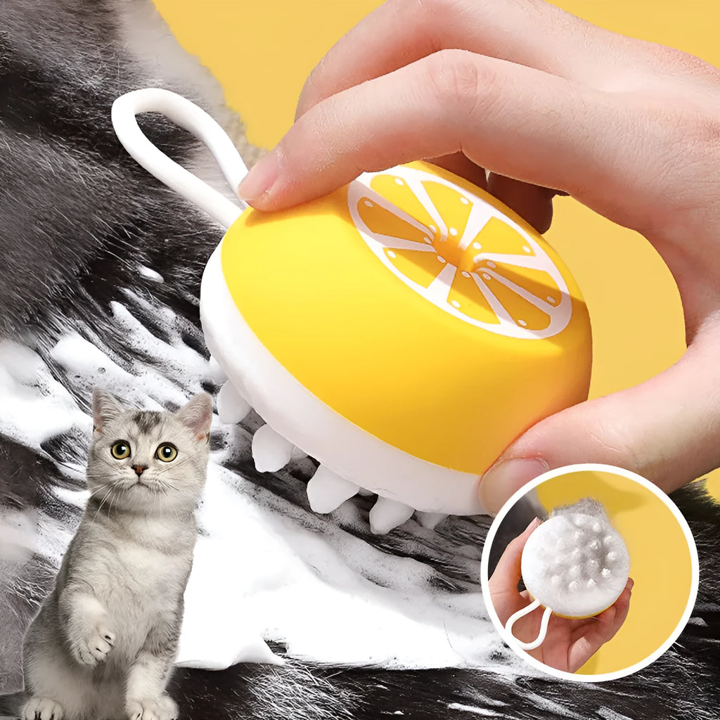 Yellow silicone pet bath brush with massage nodes and comb teeth for dogs and cats.
