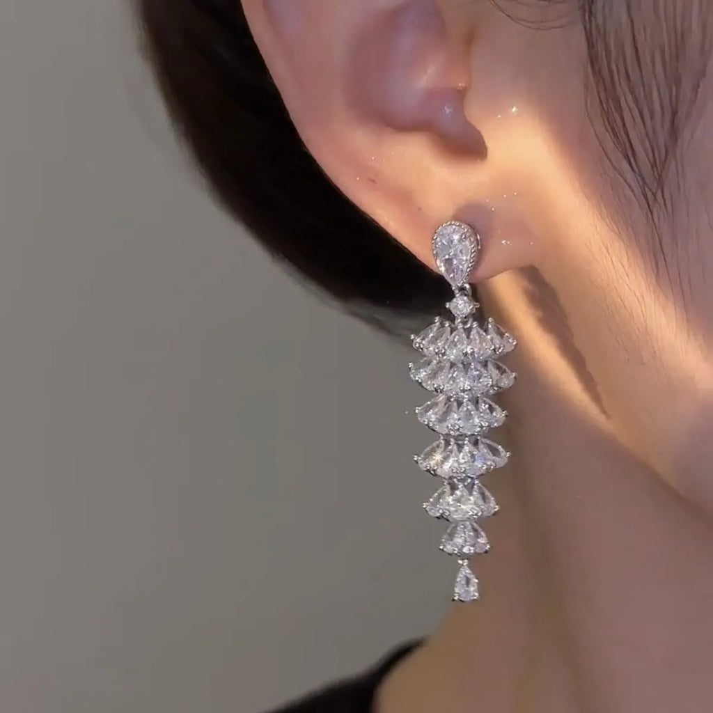 Silver pagoda Christmas tree drop earrings with sparkling zircon decoration on copper studs