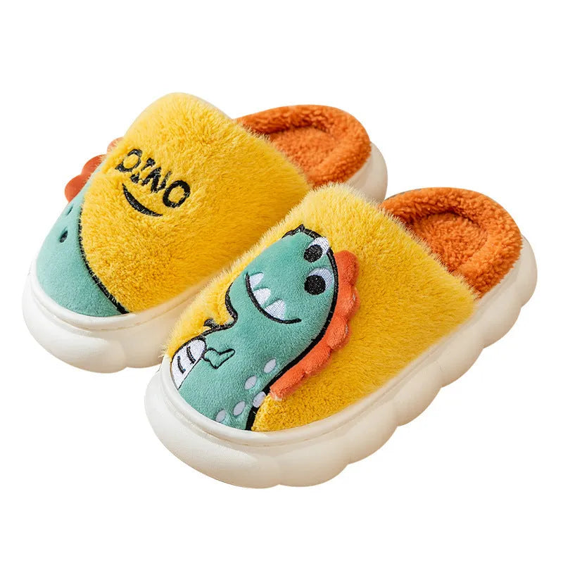 Plush cotton couple slippers with thickened soles in dinosaur-themed colours