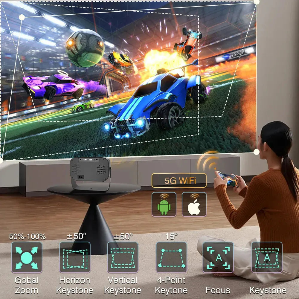 Black portable HD projector with Android OS showing 1280x720 resolution display