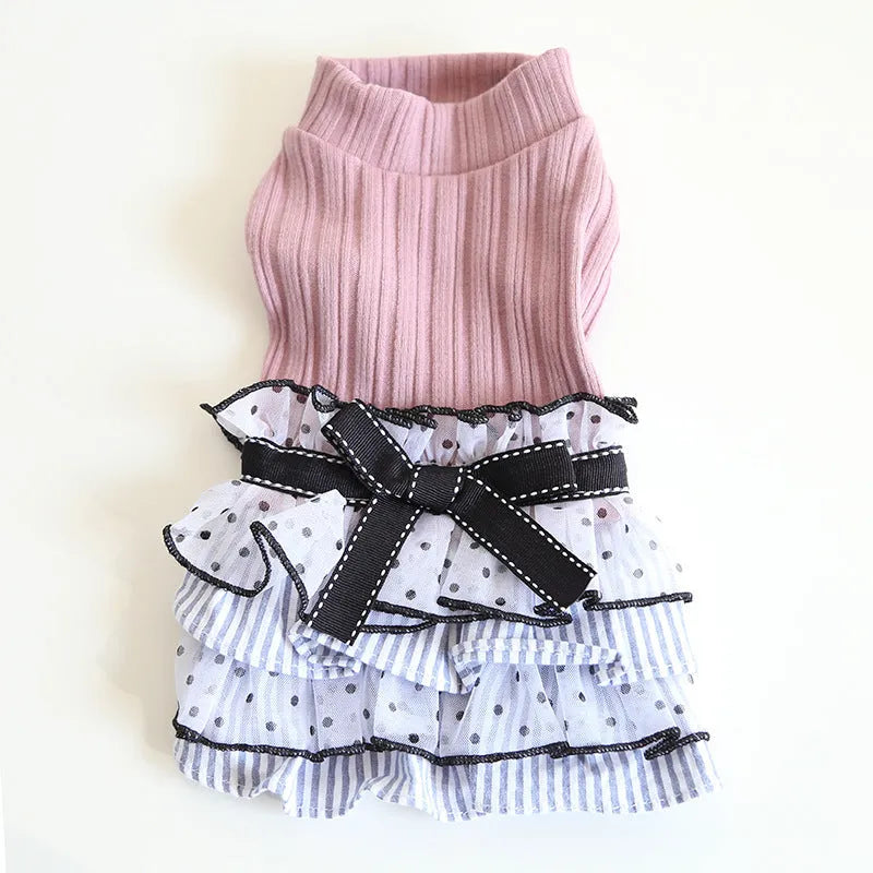 Polka dot lace princess cake dress for a small dog, shown in taro purple colour.
