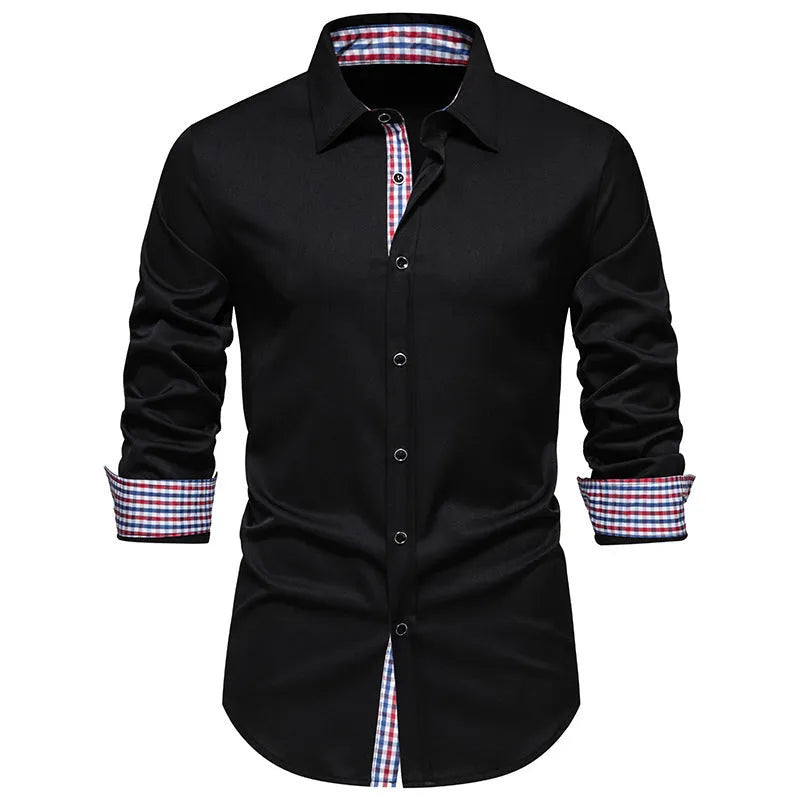 Men's loose fit plaid long sleeve casual shirt in wine red, black, or white.
