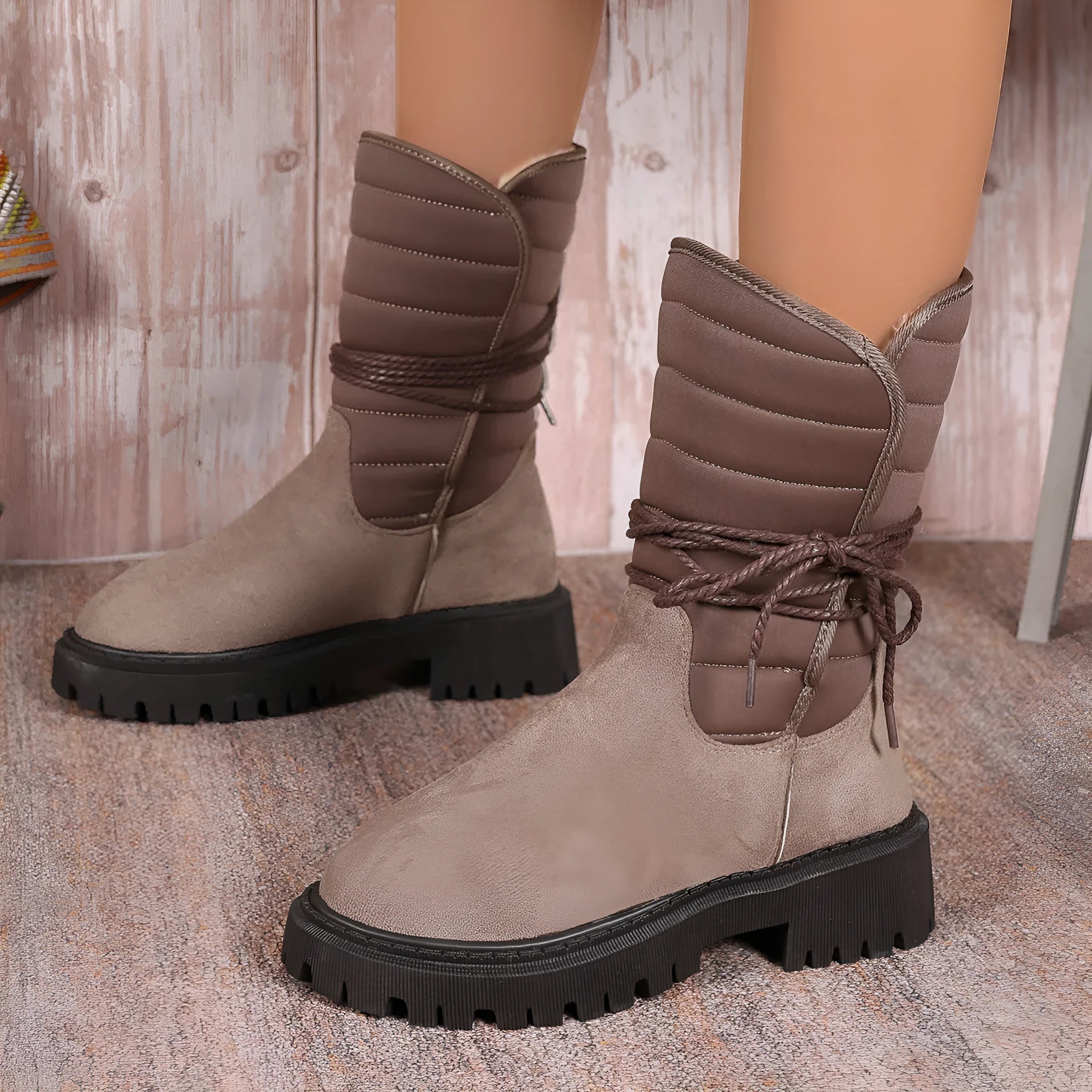 Women's chunky heel snow boots in suede with lace-up design and fleece lining, shown in black.