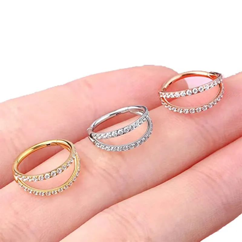 G23 titanium alloy nose ring with diamond finish in gold or steel colour, showing labret post design.