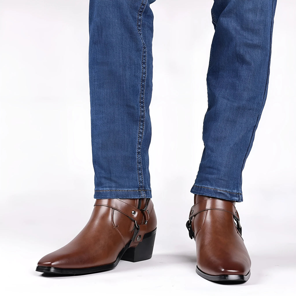 Black unisex mid-calf chain boots with side zipper, rivet details, and a square toe.