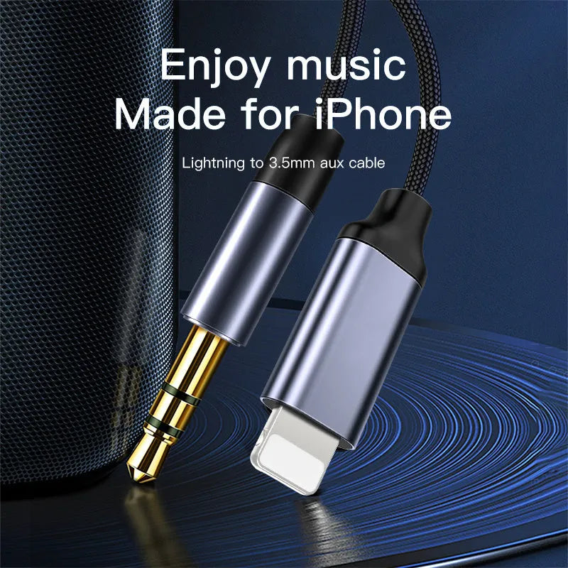 Silver and black nylon braided car AUX audio cables showing 0.5m, 1m, and 1.5m length options