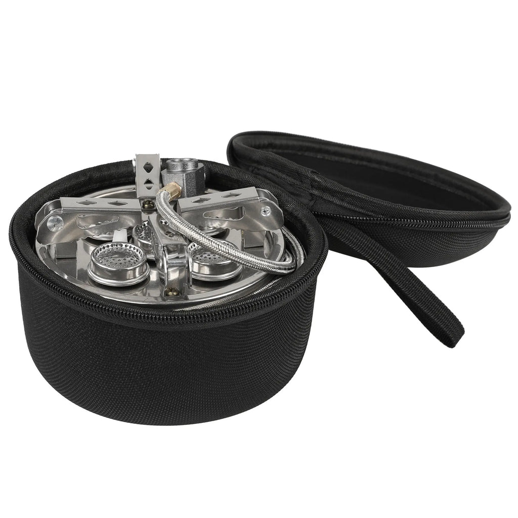 Silver portable split stove with stainless steel construction folded for transport