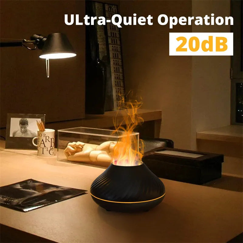 Beige and black USB aroma diffuser lamp with flame effect LED light and mist output
