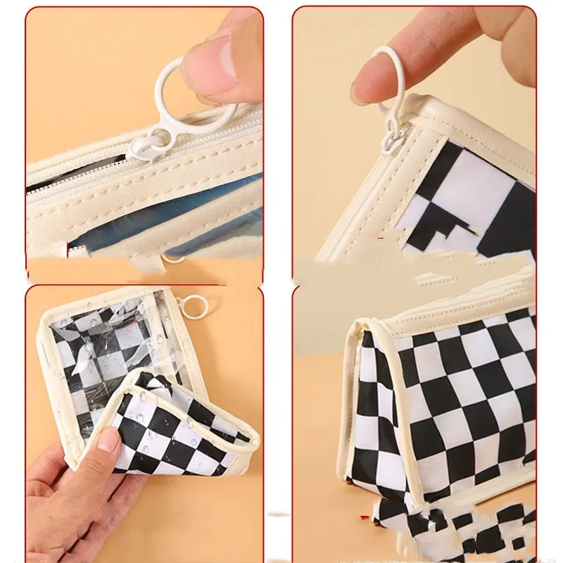 Transparent PVC pencil case with chessboard pattern, showing pens inside, dimensions 21.5cm by 8cm by 11.5cm