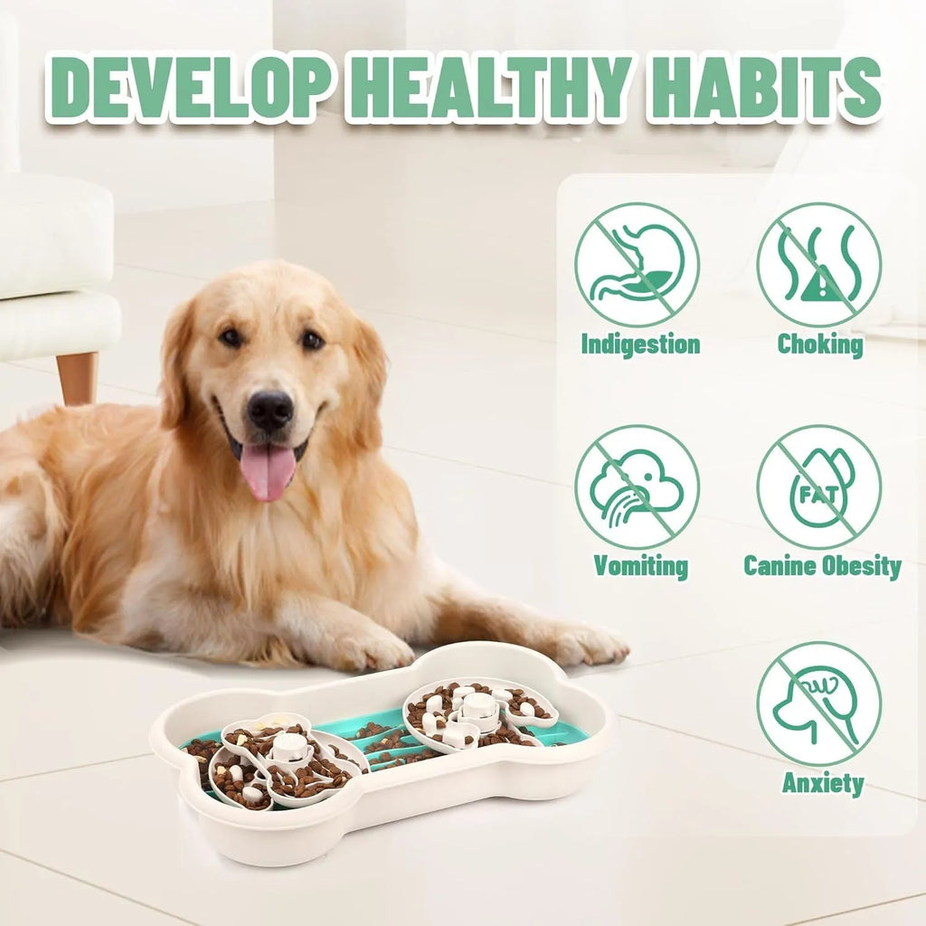 Large green slow feeder dog bowl with three rotating puzzle trays for big breed dogs