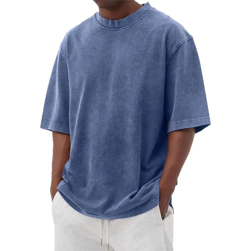 Men's loose fit distressed polyester t-shirt in stone washed solid colours