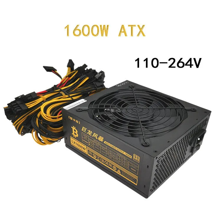 Black high-wattage server power supply unit with multiple PCIe and power connectors.