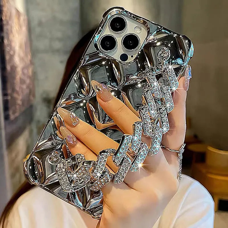 Luxury diamond bracelet phone case for iPhone with decorative chain and flash diamond lock in silver finish