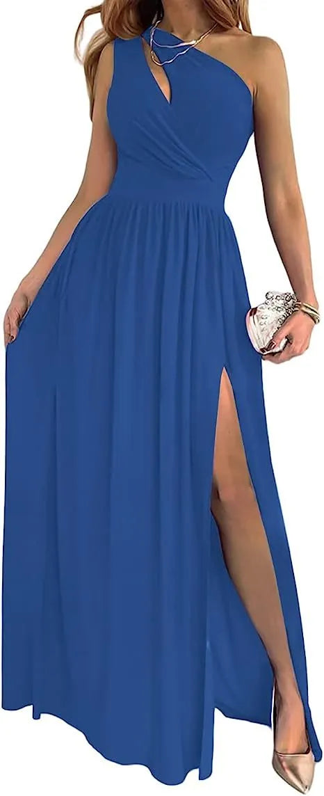 Women's apricot one shoulder maxi dress with high leg split and cutout detail.