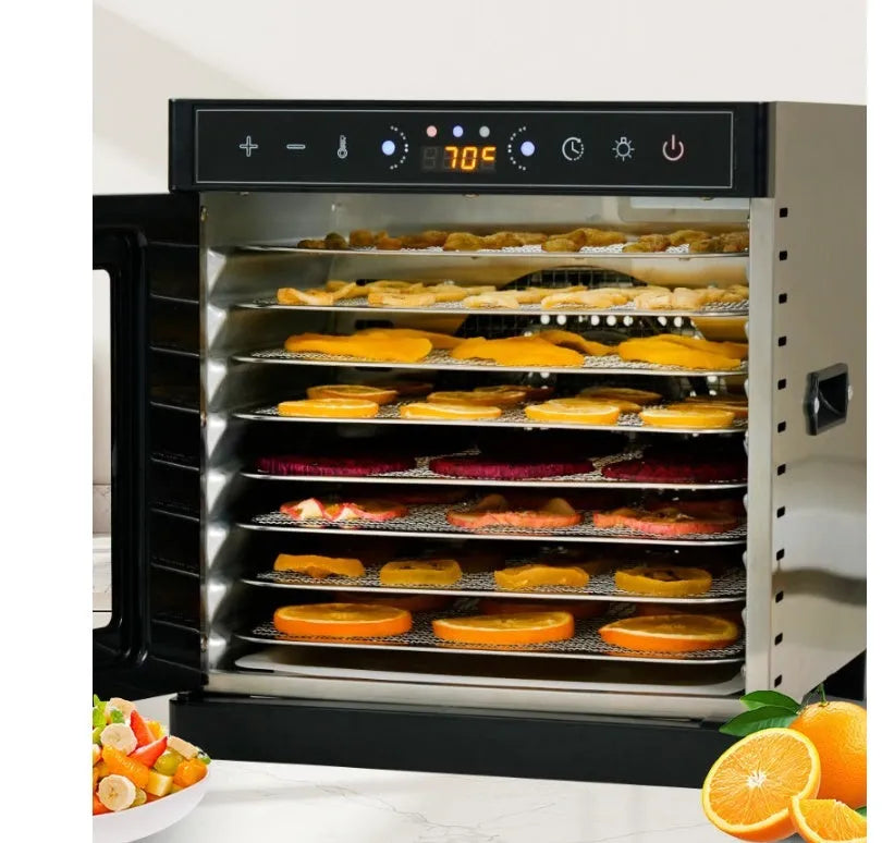 Stainless steel fruit dehydrator machine with multiple mesh trays and an LED control panel.