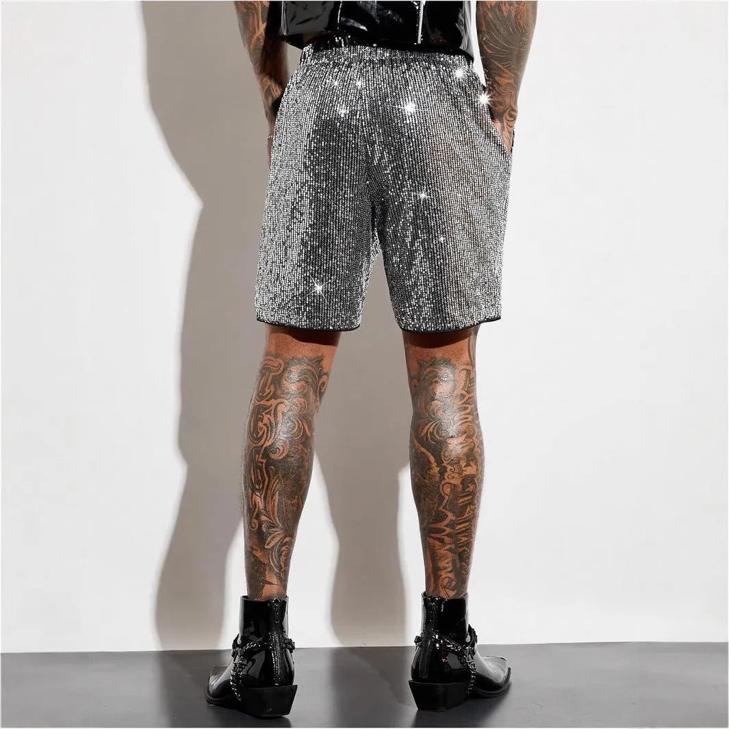 Men's shiny sequin straight shorts with elastic waistband in silver colour