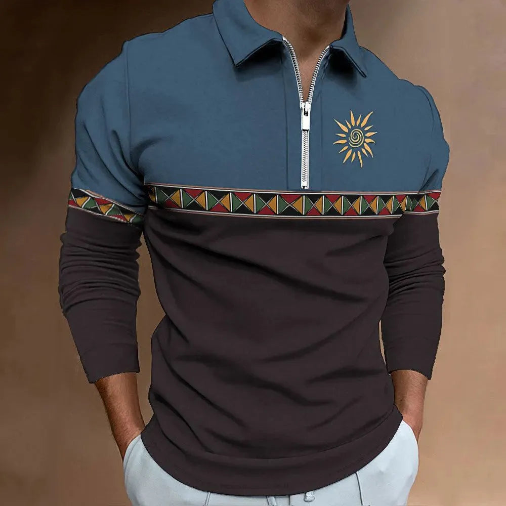 Men's retro colour print casual golf top with zipper decorations and striped pattern on loose-fit long sleeve